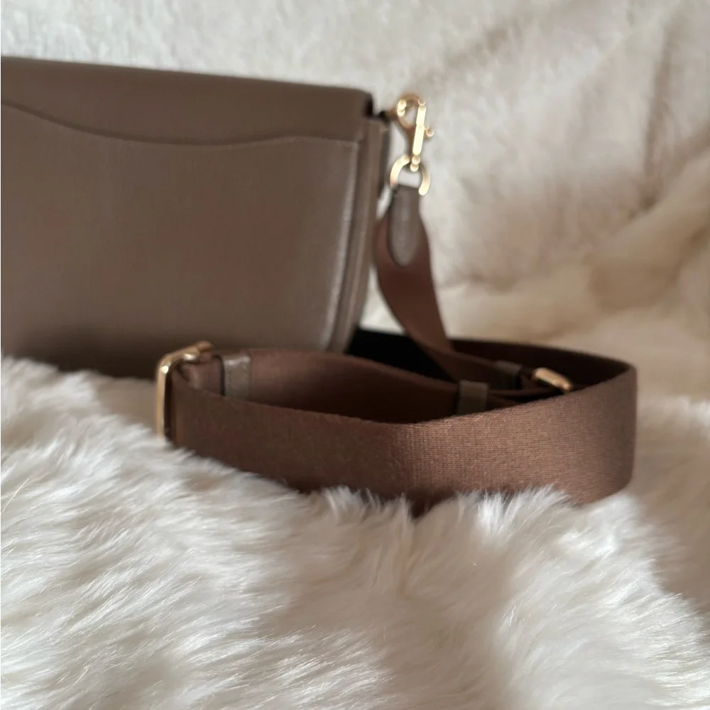Coach Taupe Pebbled Leather Flap Crossbody with Gold Hardware